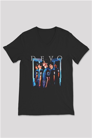 Devo Baskılı Unisex Siyah V Yaka Tişört