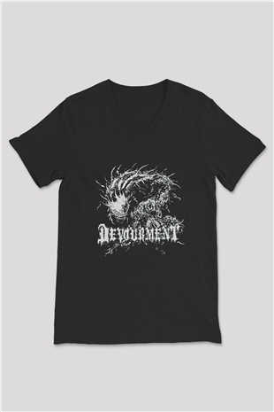 Devourment Baskılı Unisex Siyah V Yaka Tişört - Tshirt