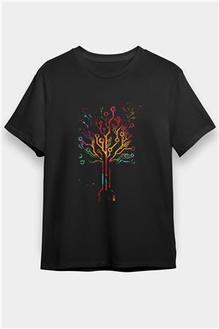 Devre Ağaç Baskılı Unisex Siyah Tişört - Tshirt