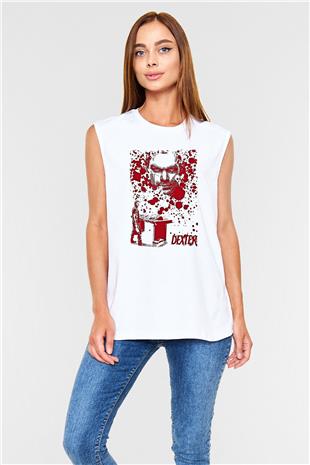 Dexter Baskılı Beyaz Unisex Kolsuz Tişört - Tshirt