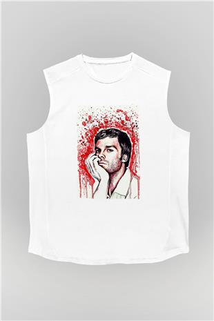 Dexter Baskılı Beyaz Unisex Kolsuz Tişört - Tshirt