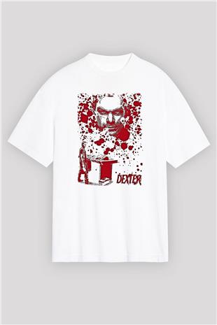 Dexter Baskılı Beyaz Unisex Oversize Tişört - Tshirt
