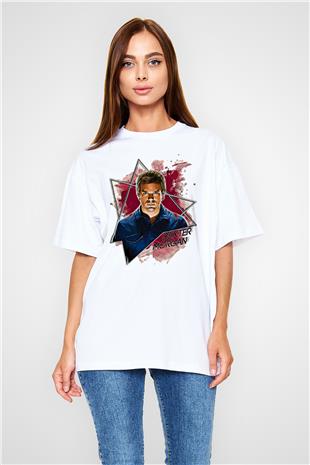 Dexter Baskılı Beyaz Unisex Oversize Tişört - Tshirt