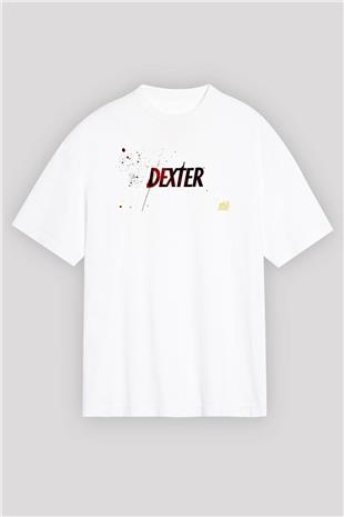 Dexter Baskılı Beyaz Unisex Oversize Tişört - Tshirt