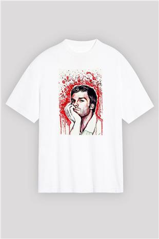 Dexter Baskılı Beyaz Unisex Oversize Tişört - Tshirt