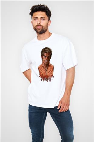 Dexter Baskılı Beyaz Unisex Oversize Tişört - Tshirt