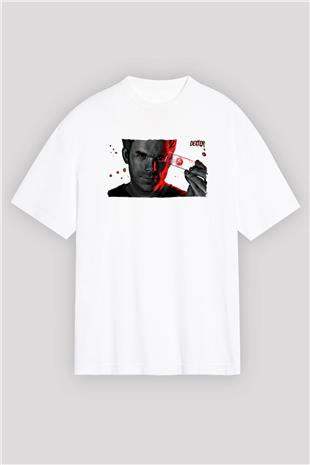 Dexter Baskılı Beyaz Unisex Oversize Tişört - Tshirt