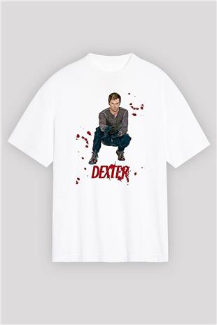 Dexter Baskılı Beyaz Unisex Oversize Tişört - Tshirt