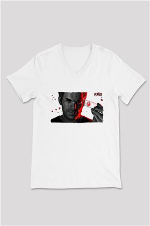 Dexter Baskılı Beyaz Unisex V Yaka Tişört - Tshirt