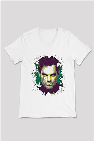 Dexter Baskılı Beyaz Unisex V Yaka Tişört - Tshirt