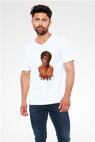 Dexter Baskılı Beyaz Unisex V Yaka Tişört - Tshirt