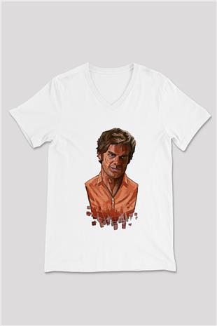 Dexter Baskılı Beyaz Unisex V Yaka Tişört - Tshirt