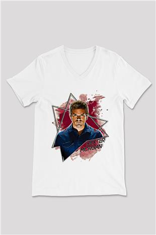 Dexter Baskılı Beyaz Unisex V Yaka Tişört - Tshirt
