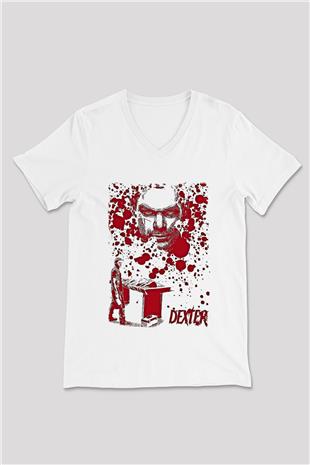 Dexter Baskılı Beyaz Unisex V Yaka Tişört - Tshirt
