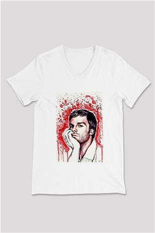 Dexter Baskılı Beyaz Unisex V Yaka Tişört - Tshirt