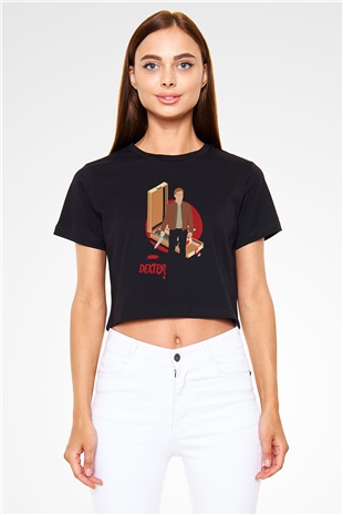 Dexter Baskılı Siyah Crop Top Kadın Tişört - Tshirt