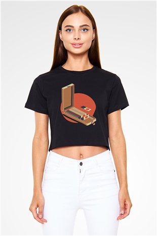 Dexter Baskılı Siyah Crop Top Kadın Tişört - Tshirt