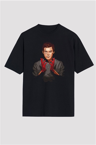 Dexter Baskılı Unisex Siyah Oversize Tişört - Tshirt