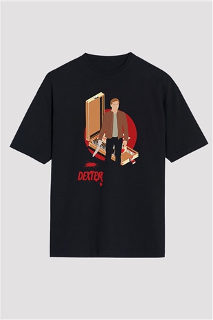 Dexter Baskılı Unisex Siyah Oversize Tişört - Tshirt