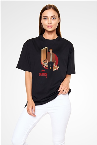 Dexter Baskılı Unisex Siyah Oversize Tişört - Tshirt