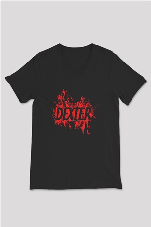 Dexter Baskılı Unisex Siyah V Yaka Tişört - Tshirt