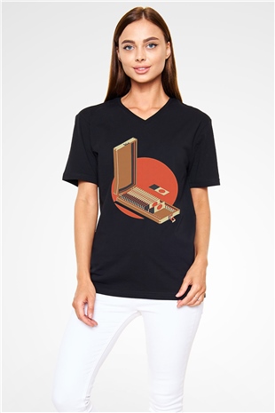 Dexter Baskılı Unisex Siyah V Yaka Tişört - Tshirt