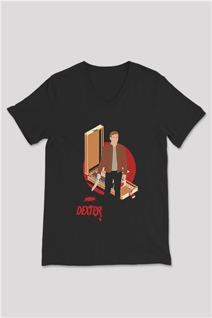 Dexter Baskılı Unisex Siyah V Yaka Tişört - Tshirt