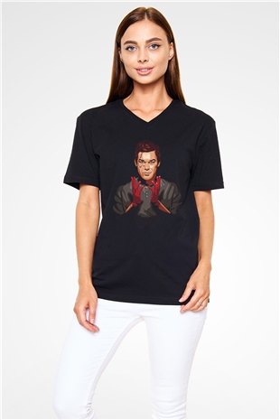 Dexter Baskılı Unisex Siyah V Yaka Tişört - Tshirt