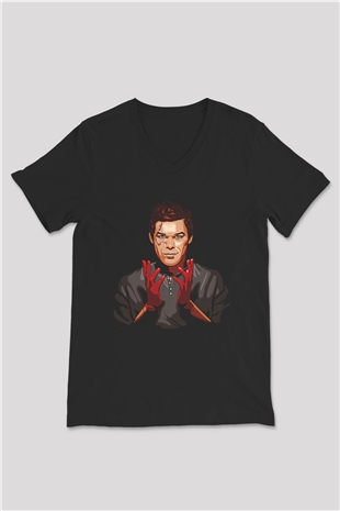 Dexter Baskılı Unisex Siyah V Yaka Tişört - Tshirt