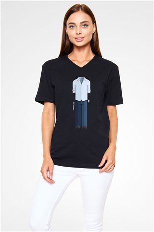 Dexter Baskılı Unisex Siyah V Yaka Tişört - Tshirt