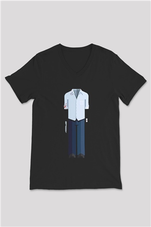 Dexter Baskılı Unisex Siyah V Yaka Tişört - Tshirt
