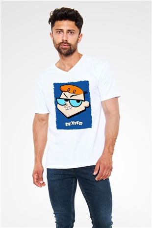 Dexters Laboratory Beyaz Unisex V Yaka Tişört