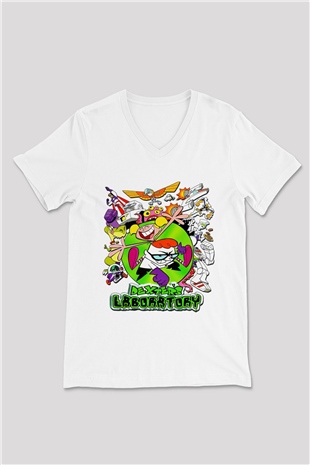 Dexters Laboratory Beyaz Unisex V Yaka Tişört T-Shirt