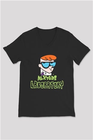 Dexters Laboratory Siyah Unisex V Yaka Tişört T-Shirt