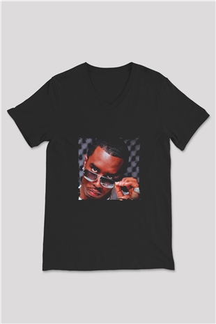 Diddy Baskılı Unisex Siyah V Yaka Tişört