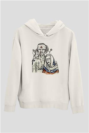 Die Antwoord Baskılı Beyaz Unisex Kapüşonlu Sweatshirt