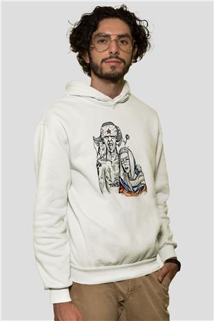 Die Antwoord Baskılı Beyaz Unisex Kapüşonlu Sweatshirt
