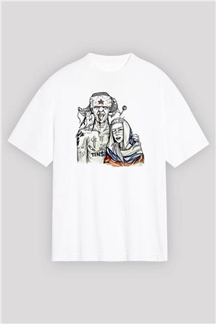 Die Antwoord Baskılı Beyaz Unisex Oversize Tişört - Tshirt