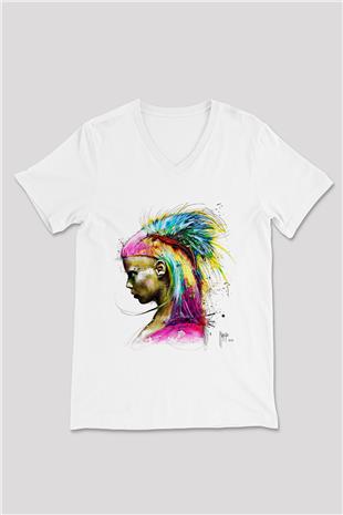 Die Antwoord Baskılı Beyaz Unisex V Yaka Tişört - Tshirt