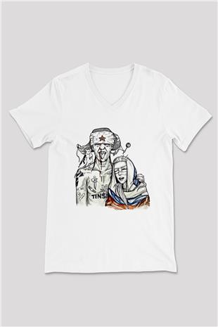 Die Antwoord Baskılı Beyaz Unisex V Yaka Tişört - Tshirt