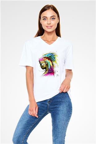 Die Antwoord Baskılı Beyaz Unisex V Yaka Tişört - Tshirt