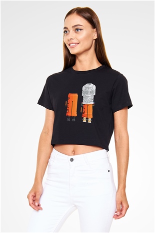 Die Antwoord Baskılı Siyah Crop Top Kadın Tişört - Tshirt