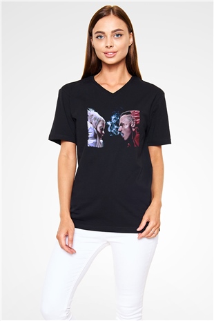 Die Antwoord Baskılı Unisex Siyah V Yaka Tişört - Tshirt