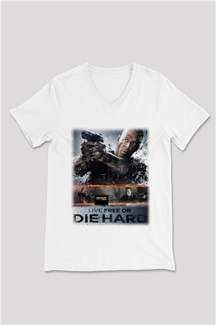 Die Hard Beyaz Unisex V Yaka Tişört T-Shirt