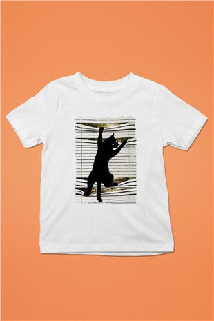 Dikizci Siyah Kedi Baskılı Unisex  Çocuk Tişört