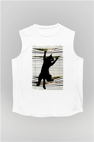 Dikizci Siyah Kedi Baskılı Unisex  Kolsuz Tişört