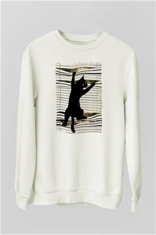 Dikizci Siyah Kedi Baskılı Unisex  Sweatshirt