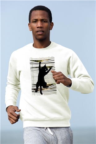 Dikizci Siyah Kedi Baskılı Unisex  Sweatshirt