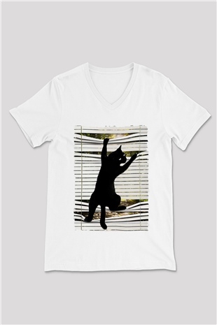 Dikizci Siyah Kedi Baskılı Unisex  V Yaka Tişört