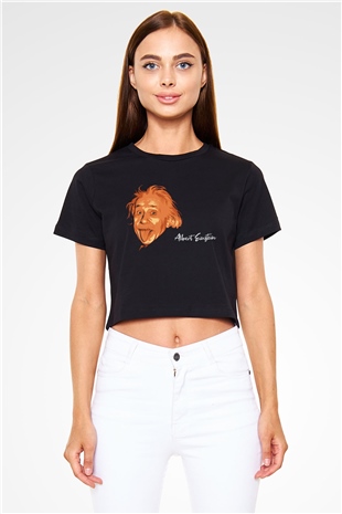 Dil Çıkaran Albert Einstein Baskılı Siyah Kadın Crop Top Tişört